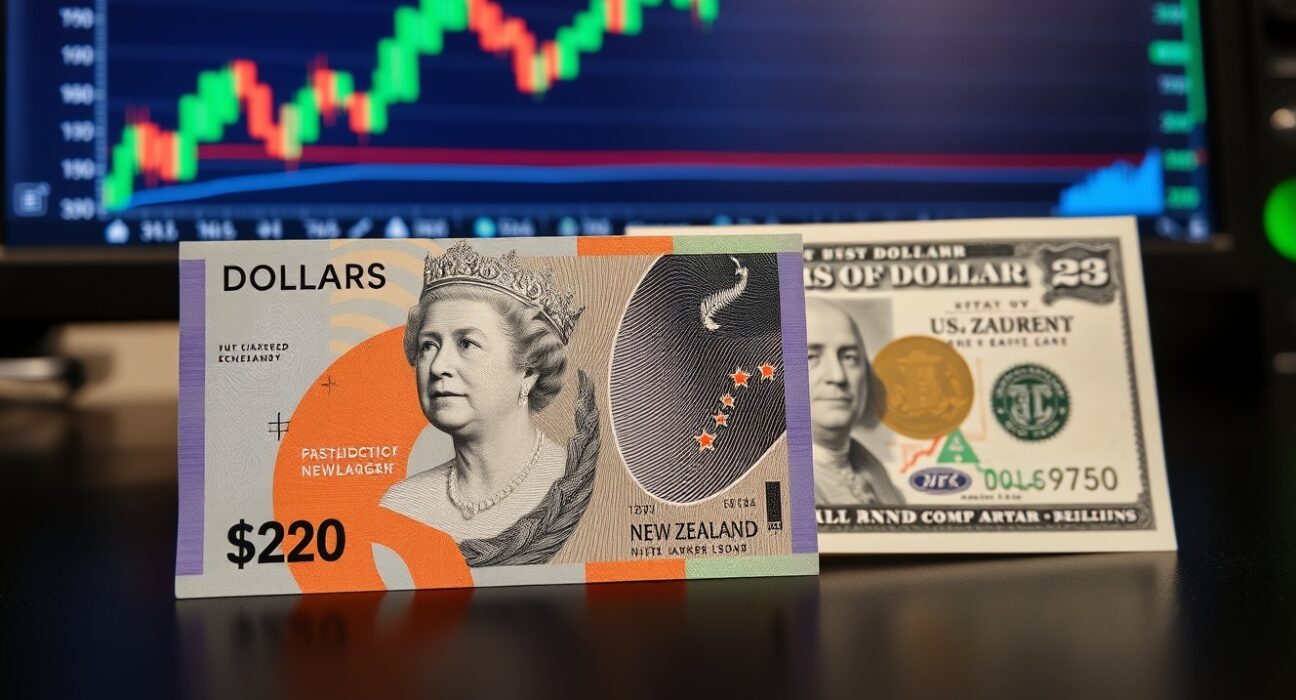 New Zealand Dollar and US Dollar banknotes on a trading desk with a forex chart in the background.