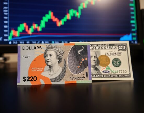 New Zealand Dollar and US Dollar banknotes on a trading desk with a forex chart in the background.