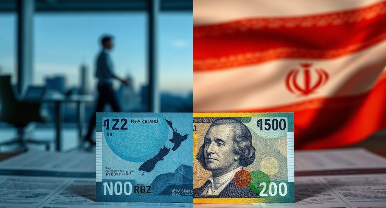 New Zealand and US dollar banknotes on a financial chart, representing NZD/USD currency pair analysis after RBNZ rate hike and geopolitical tensions.