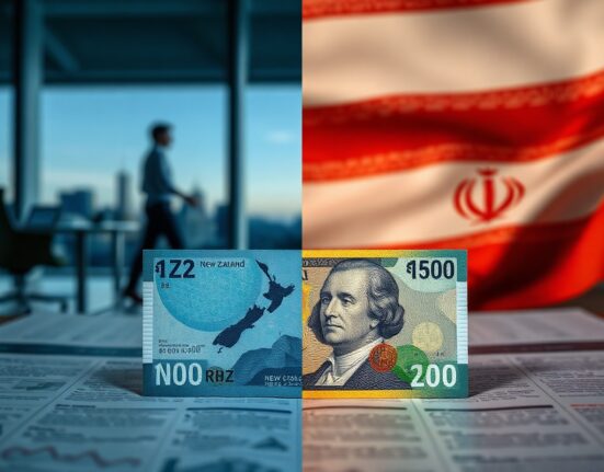 New Zealand and US dollar banknotes on a financial chart, representing NZD/USD currency pair analysis after RBNZ rate hike and geopolitical tensions.
