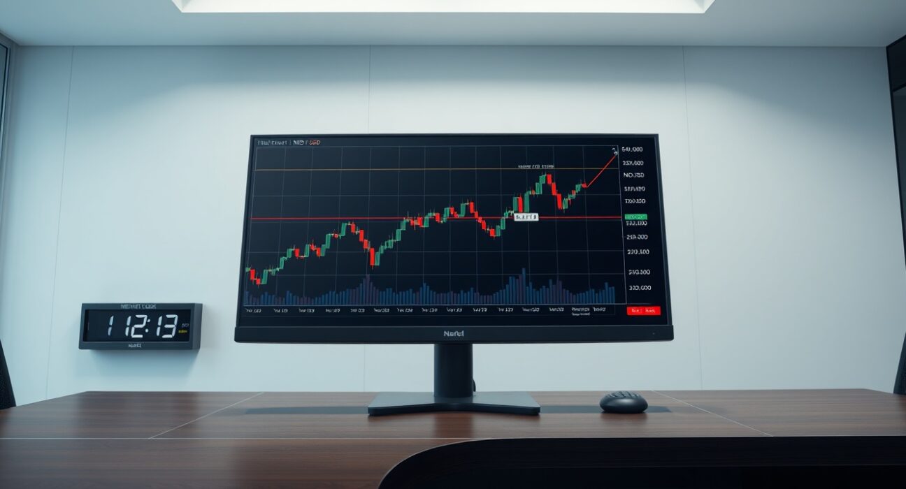 NZD/USD forex chart analysis on a trading desk ahead of Federal Reserve meeting.