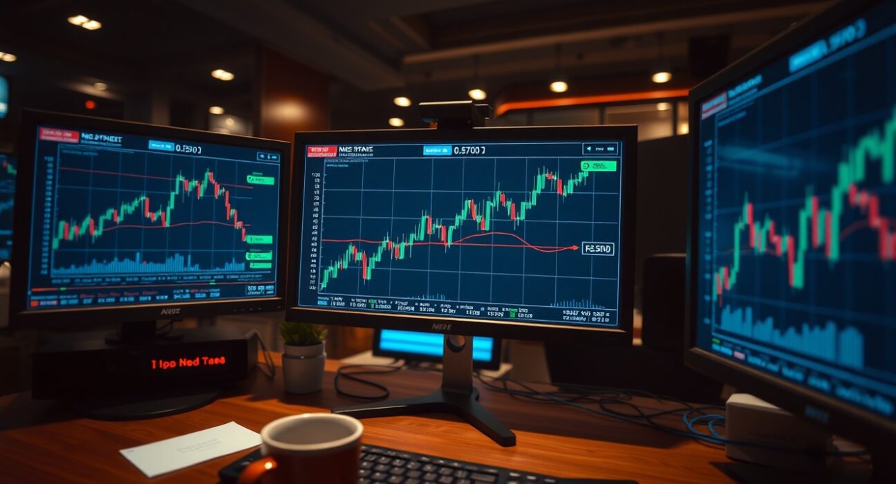 Forex trading desk with NZD/USD chart showing rebound from 0.5700 and resistance at 0.5750
