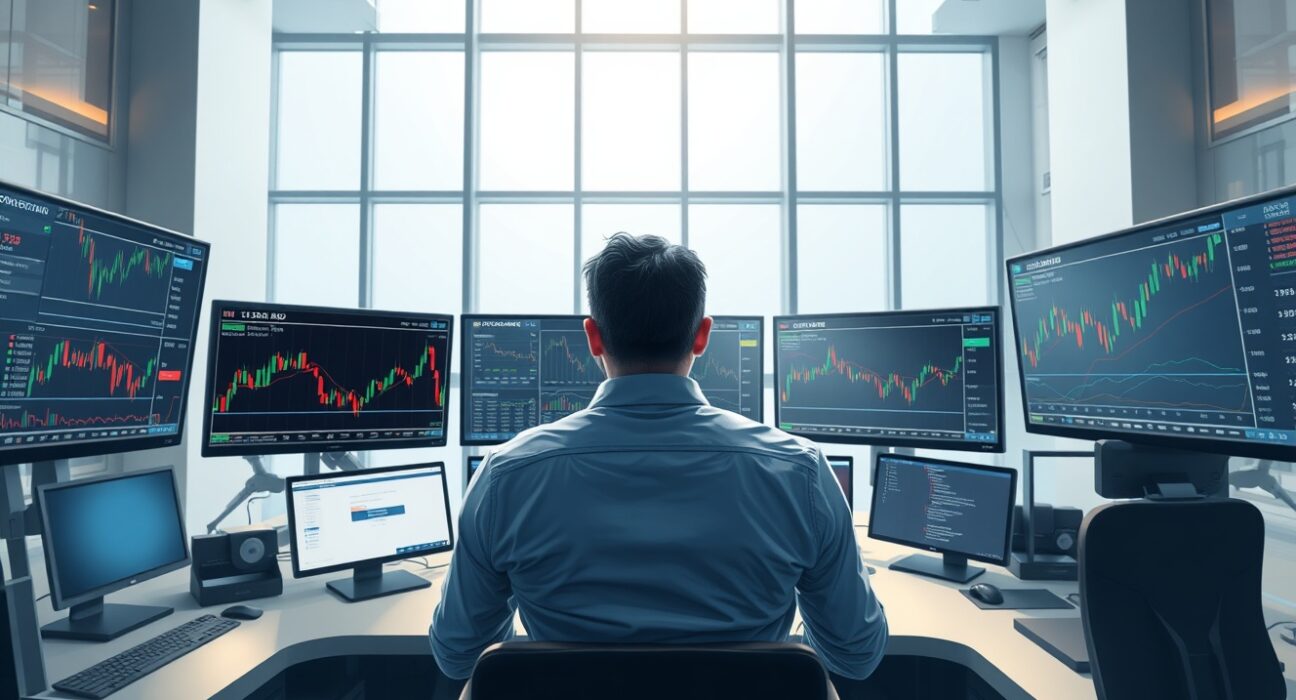 Professional trader analyzing NZD/USD forex charts amid market volatility