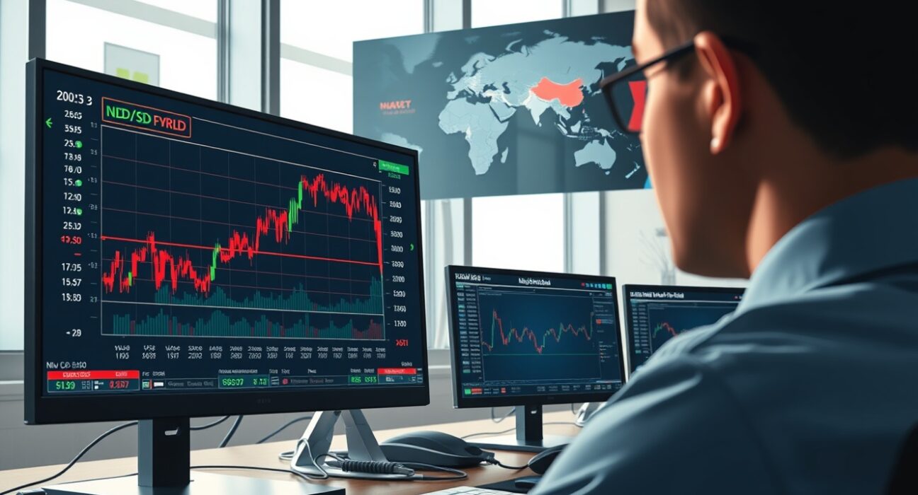 NZD/USD currency pair rebounding on trading charts amid geopolitical tensions with Iran