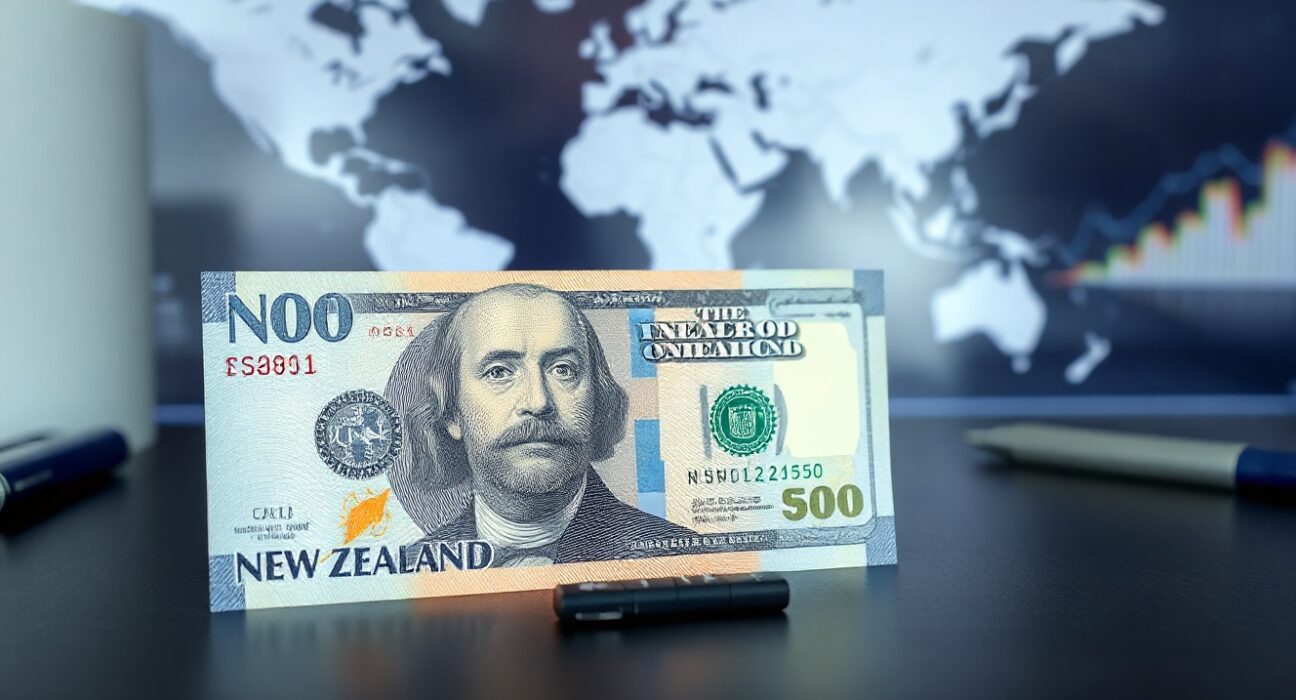 New Zealand Dollar and US Dollar banknotes on a financial desk