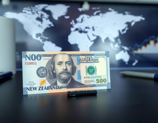 New Zealand Dollar and US Dollar banknotes on a financial desk