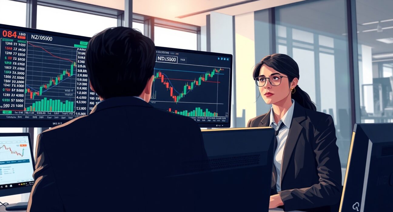 Forex traders analyzing NZD/USD exchange rate data on trading desk monitors.