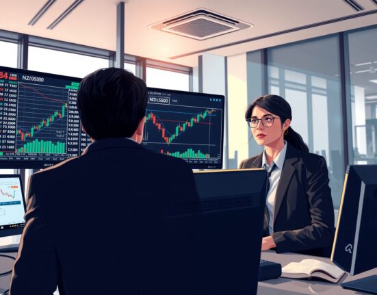 Forex traders analyzing NZD/USD exchange rate data on trading desk monitors.