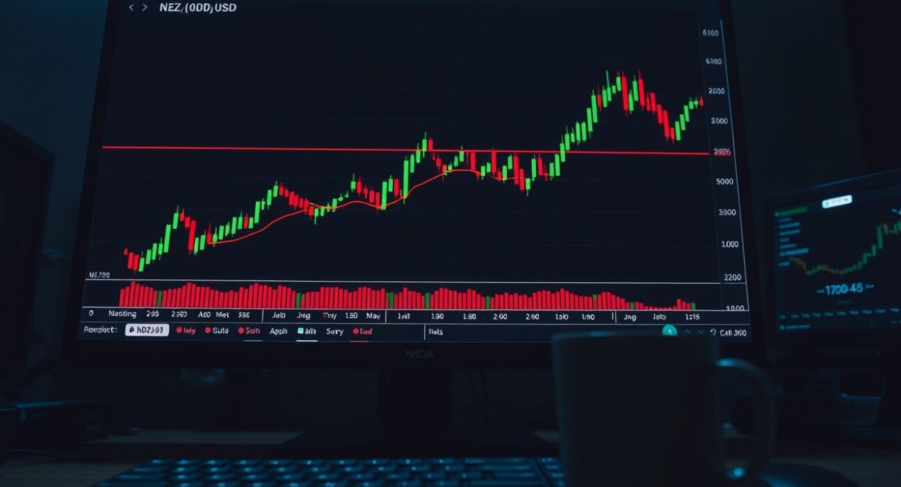 NZD/USD candlestick chart on a trading monitor showing price recovery and resistance from moving averages.