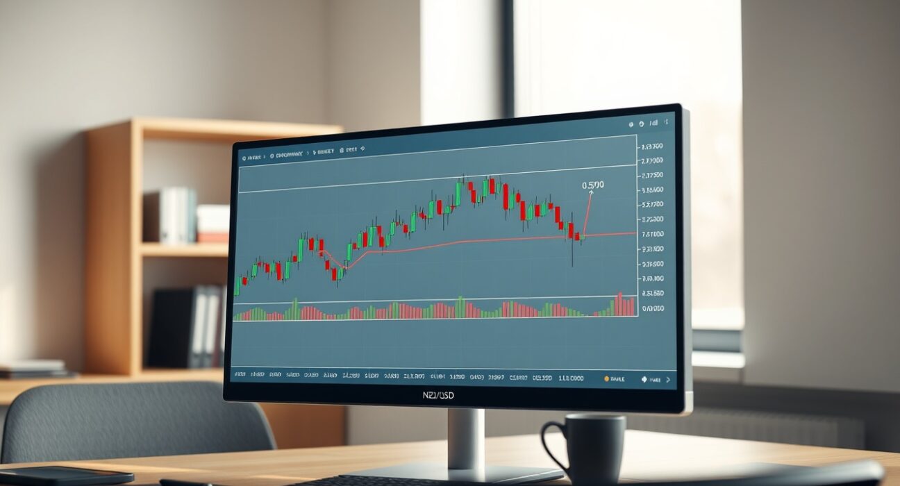 NZD/USD candlestick chart on a computer monitor showing price approaching the 0.5700 resistance level in a modern office setting.