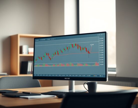 NZD/USD candlestick chart on a computer monitor showing price approaching the 0.5700 resistance level in a modern office setting.