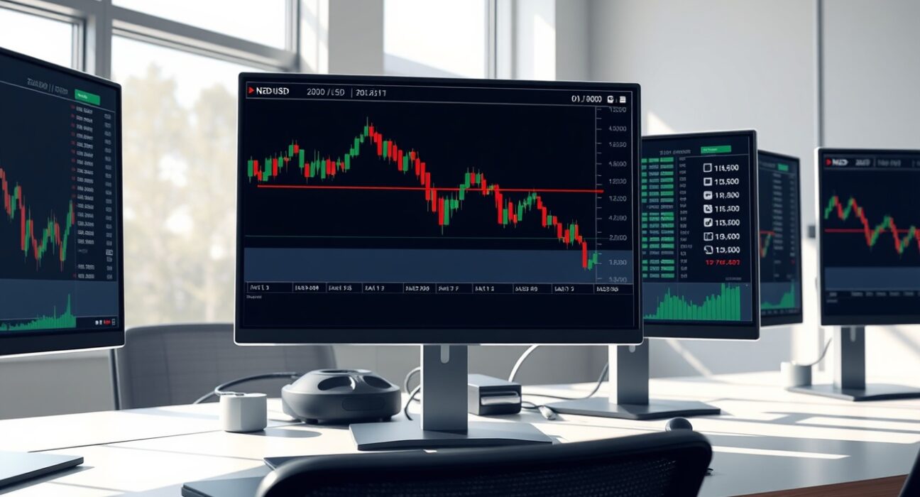 NZD/USD forex chart showing rejection from 200-day moving average on trading desk monitors