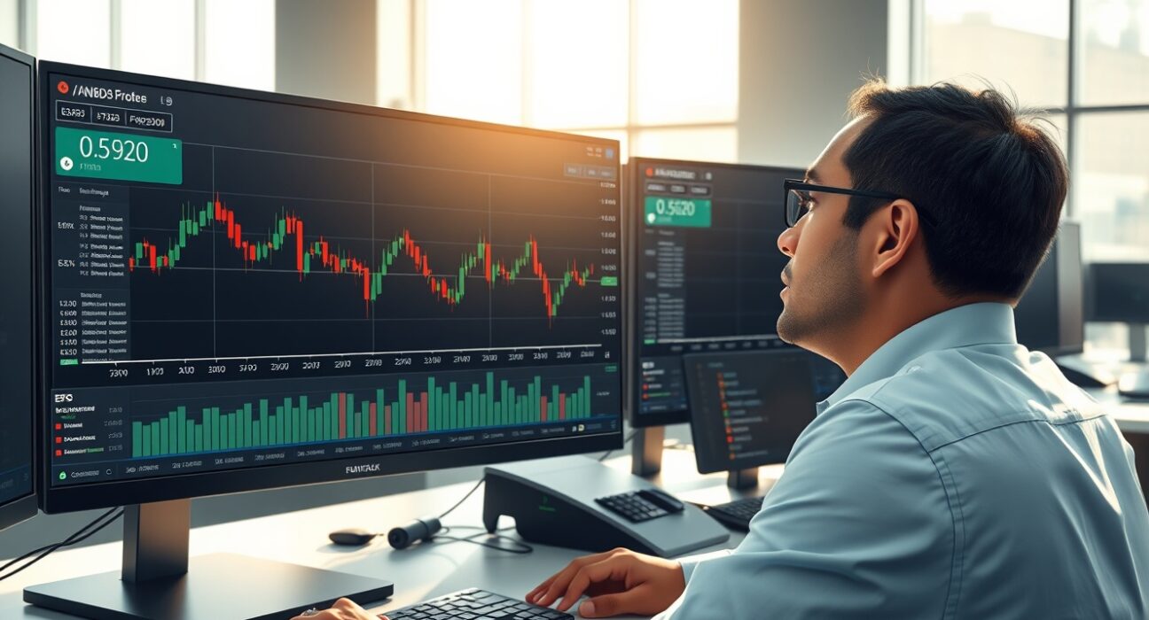 Professional forex trader analyzing the NZD/USD currency pair chart showing resistance at 0.5920.