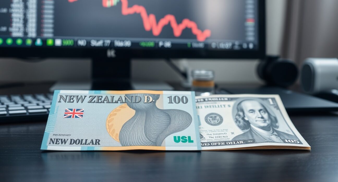 New Zealand Dollar and US Dollar banknotes with a declining chart in the background, illustrating forex market reaction to US PPI data.