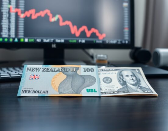 New Zealand Dollar and US Dollar banknotes with a declining chart in the background, illustrating forex market reaction to US PPI data.