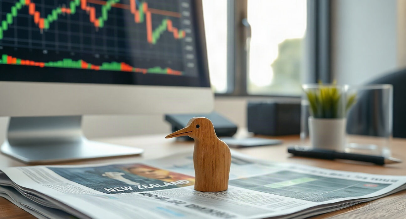 New Zealand Dollar banknotes and kiwi figurine on financial charts, representing currency market movement.