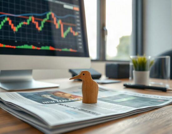 New Zealand Dollar banknotes and kiwi figurine on financial charts, representing currency market movement.