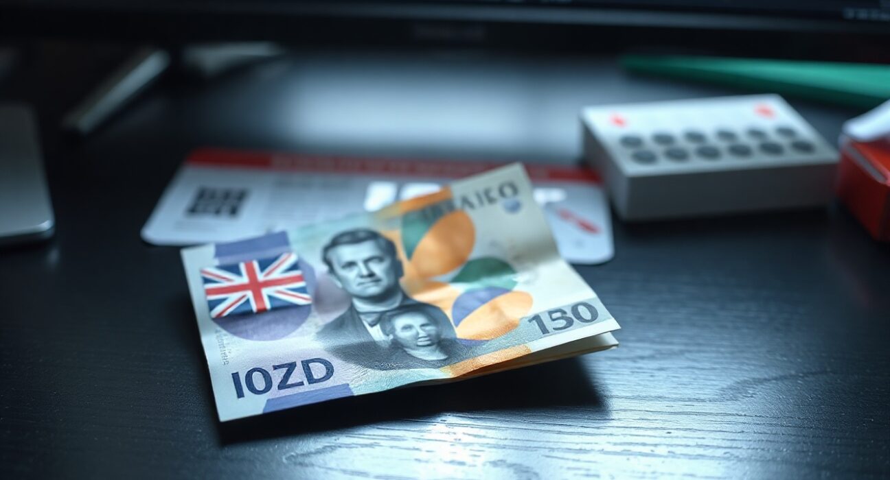 New Zealand Dollar and US Dollar banknotes on a desk representing forex trading and currency analysis.