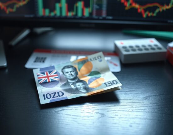 New Zealand Dollar and US Dollar banknotes on a desk representing forex trading and currency analysis.