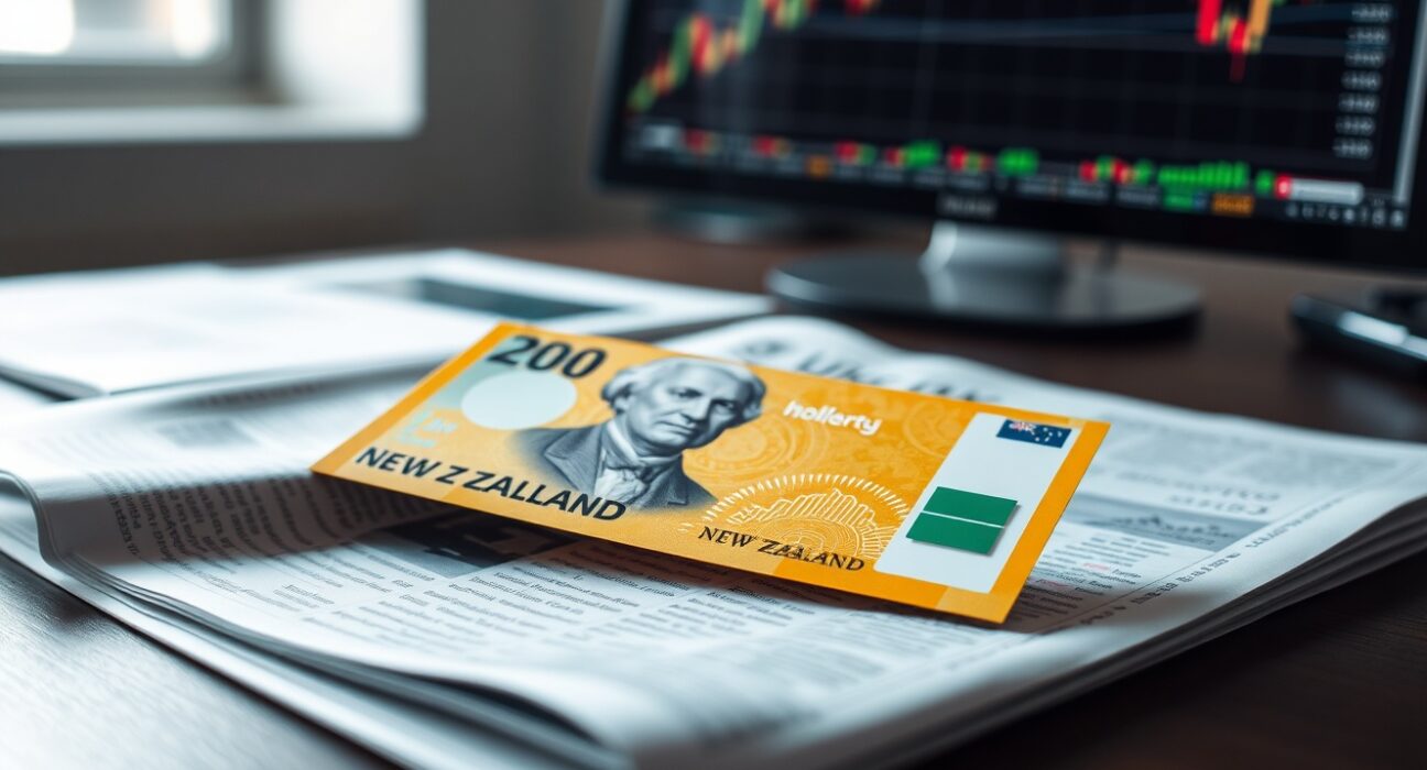 New Zealand Dollar banknote on financial chart background