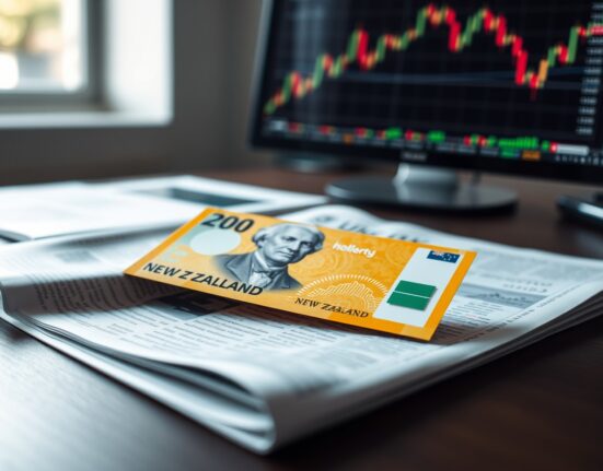 New Zealand Dollar banknote on financial chart background