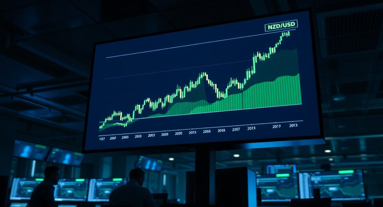 Trading desk monitor showing NZD/USD forex chart with upward trend
