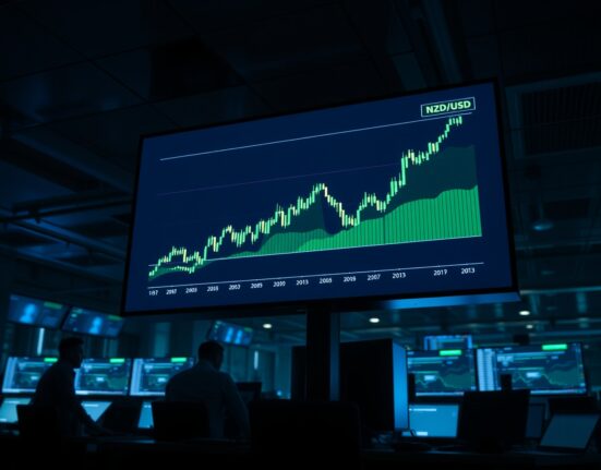 Trading desk monitor showing NZD/USD forex chart with upward trend