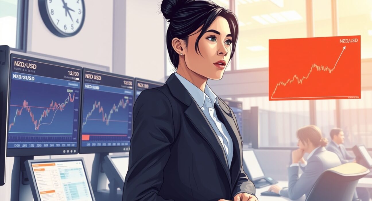 Trader analyzes NZD/USD forex chart ahead of RBNZ monetary policy decision.