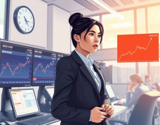 Trader analyzes NZD/USD forex chart ahead of RBNZ monetary policy decision.