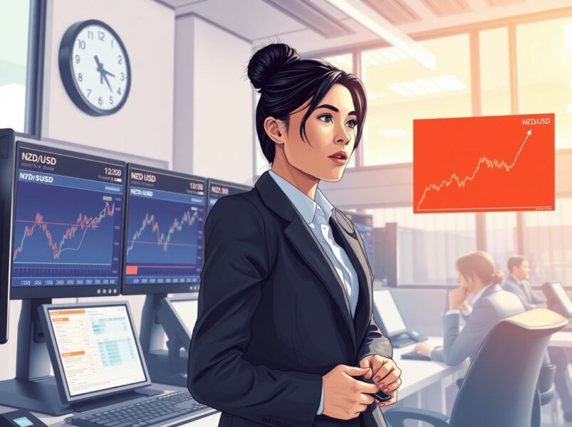 Trader analyzes NZD/USD forex chart ahead of RBNZ monetary policy decision.