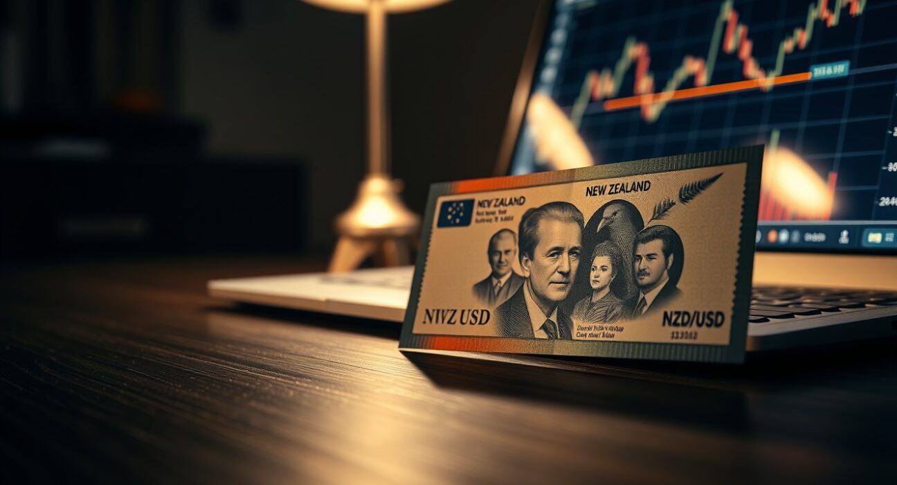 New Zealand Dollar banknote and forex trading chart showing upward NZD/USD trend