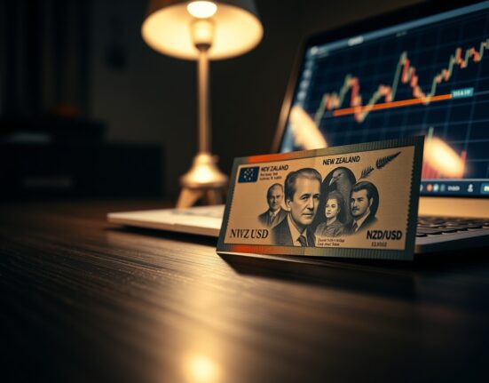 New Zealand Dollar banknote and forex trading chart showing upward NZD/USD trend