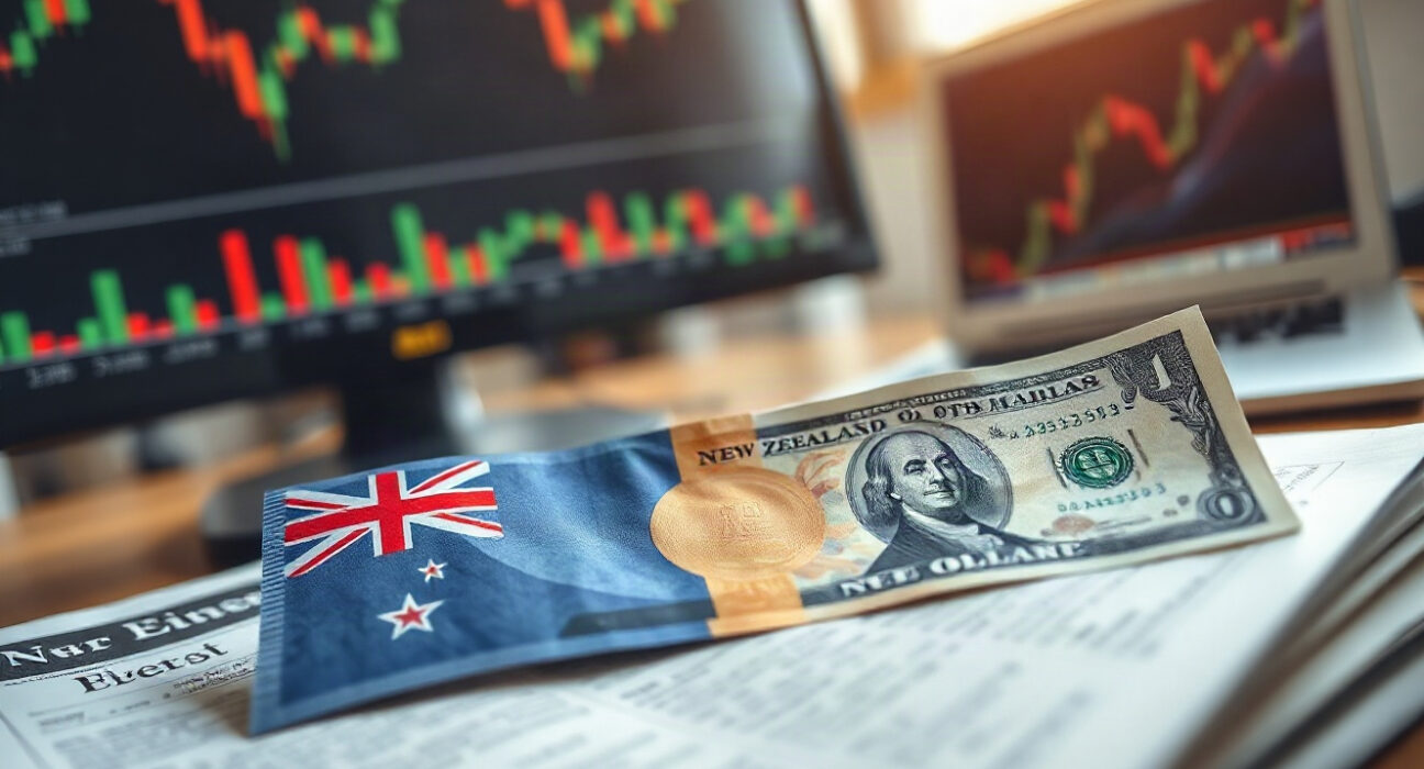 New Zealand and US dollar banknotes on financial charts, representing NZD/USD forex movement.