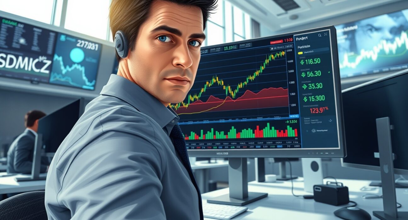 Professional trader analyzing NZD/USD currency pair movement on trading desk monitor