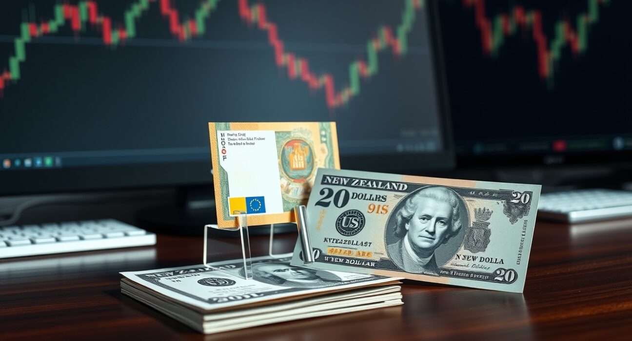 New Zealand Dollar and US Dollar banknotes on a desk with trading charts in background