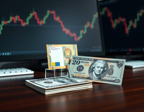New Zealand Dollar and US Dollar banknotes on a desk with trading charts in background
