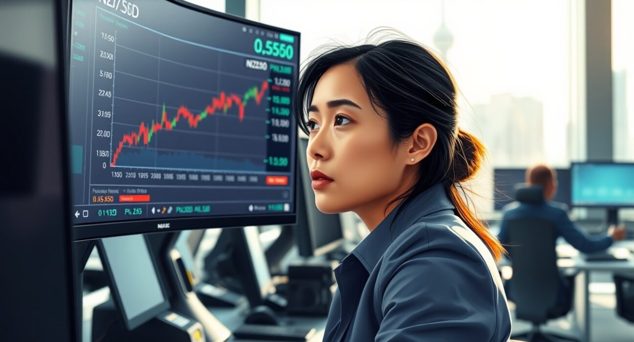 A trader analyzes the NZD/USD forex pair rising above 0.5850 on a trading terminal.