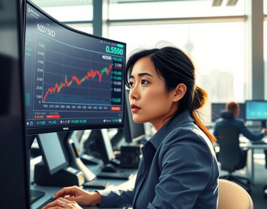 A trader analyzes the NZD/USD forex pair rising above 0.5850 on a trading terminal.