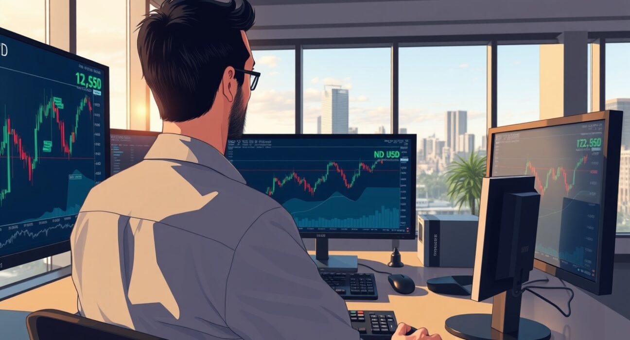 Forex trader analyzing NZD/USD currency pair charts following US-Iran ceasefire news