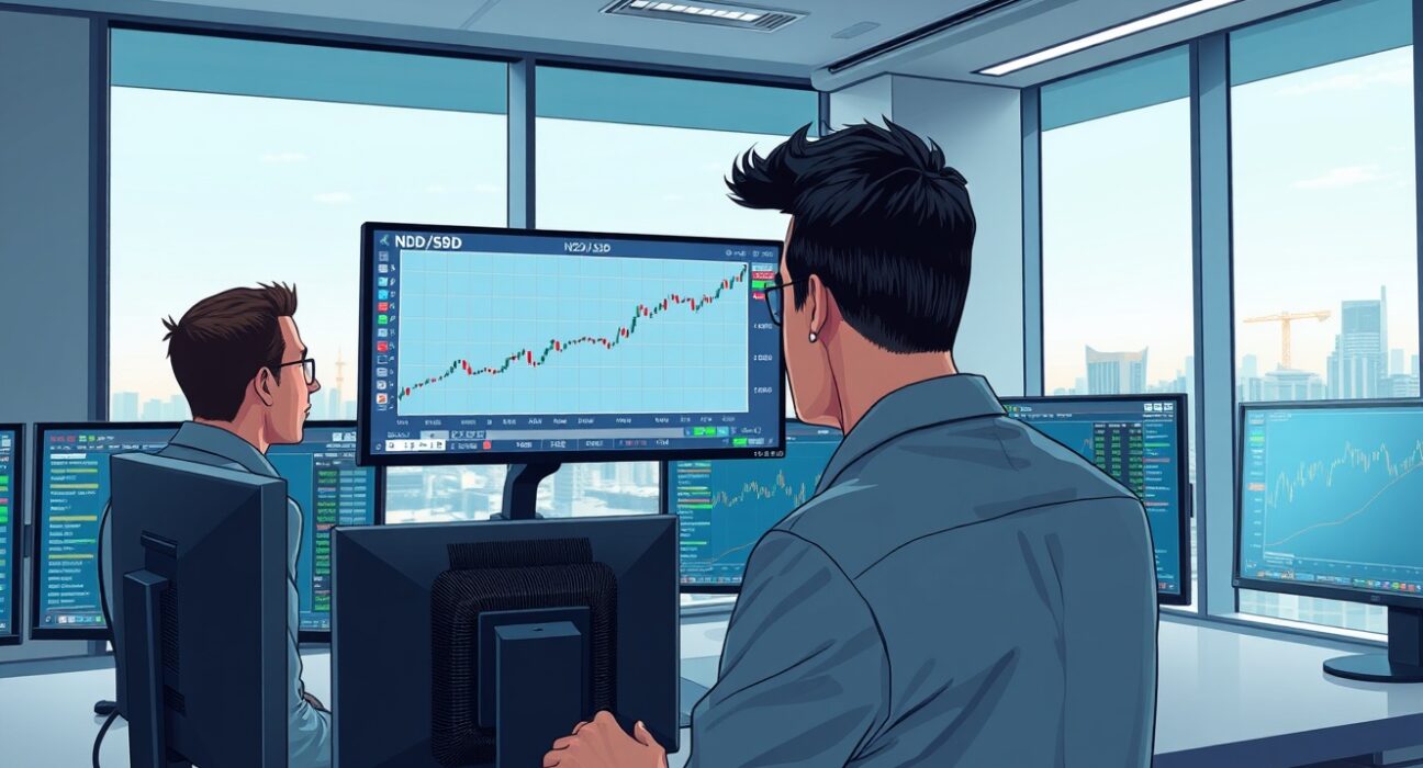 Financial analysts monitoring NZD/USD currency pair rise on trading desk screens.