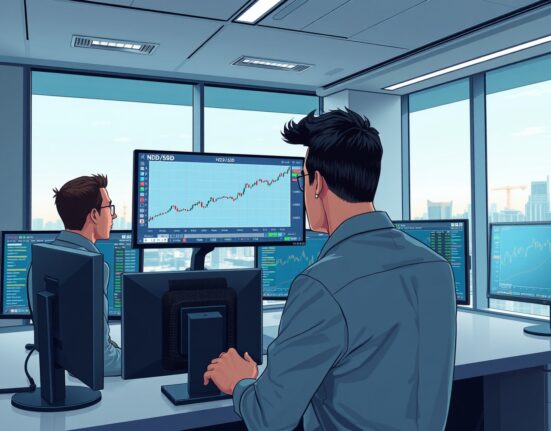 Financial analysts monitoring NZD/USD currency pair rise on trading desk screens.