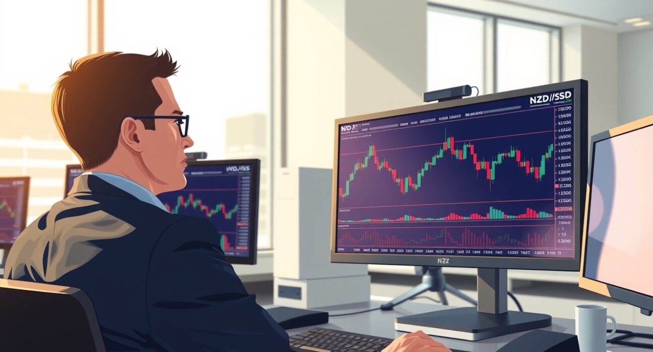 Trader analyzing NZD/USD forex charts during risk-off market conditions in Wellington financial district.
