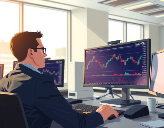 Trader analyzing NZD/USD forex charts during risk-off market conditions in Wellington financial