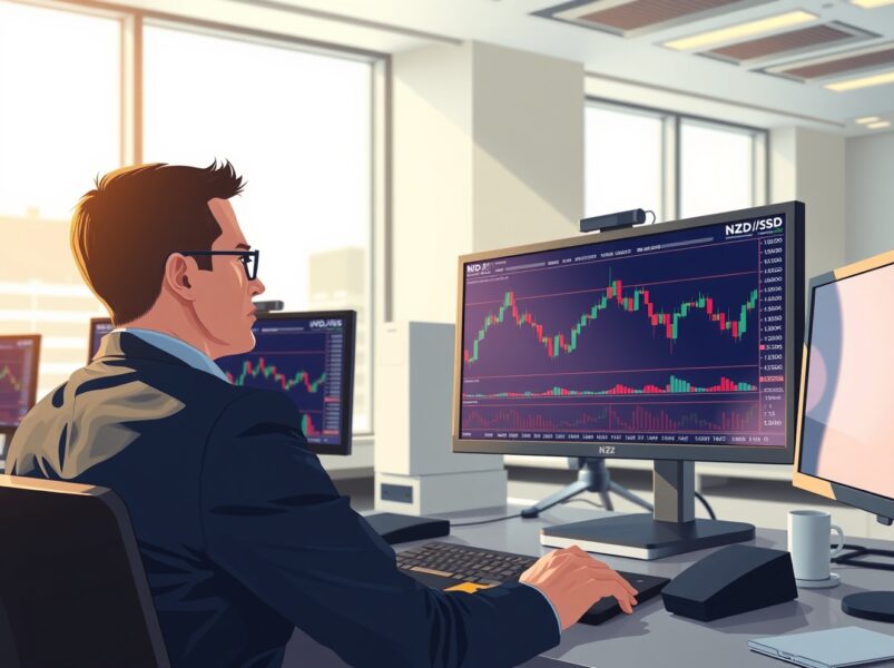 Trader analyzing NZD/USD forex charts during risk-off market conditions in Wellington financial district.