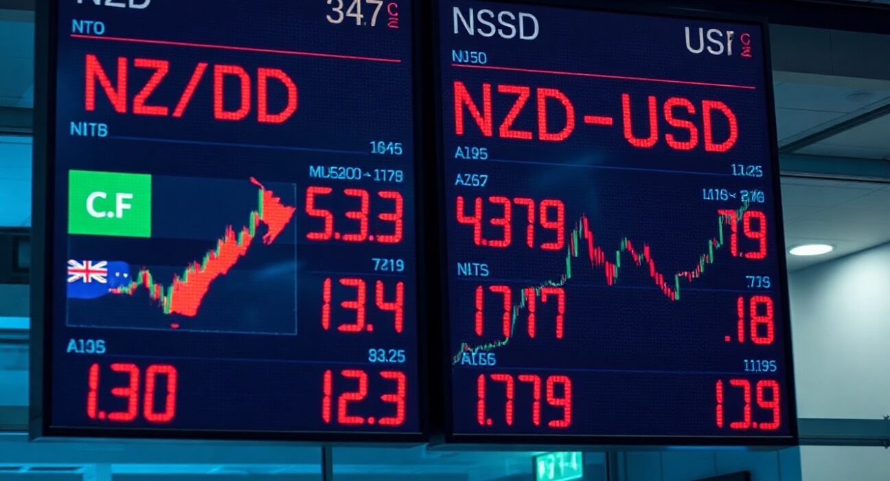 Digital display showing NZD/USD exchange rate on a trading floor with red and green numbers.