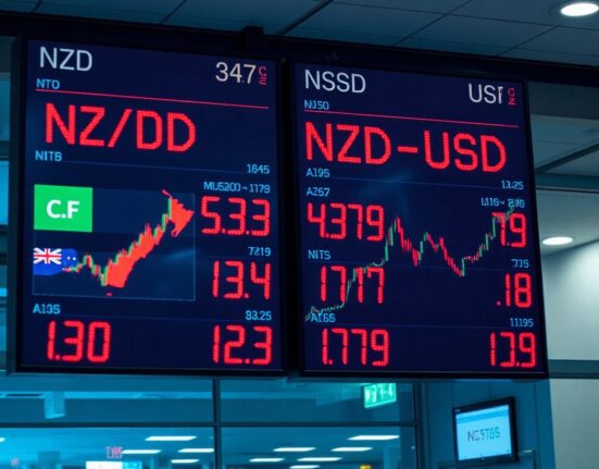 Digital display showing NZD/USD exchange rate on a trading floor with red and green numbers.
