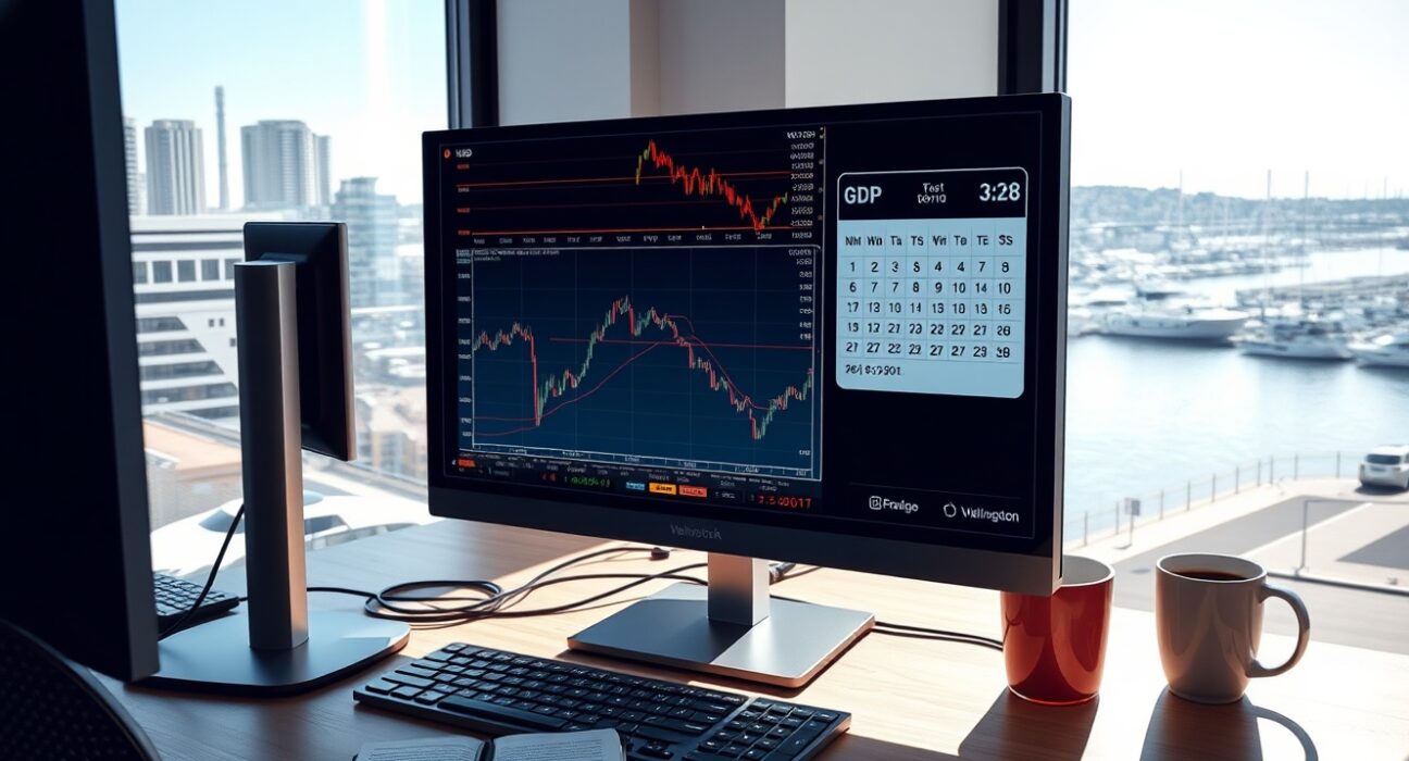 NZD/USD trading analysis with Federal Reserve decision and New Zealand GDP data on financial monitors