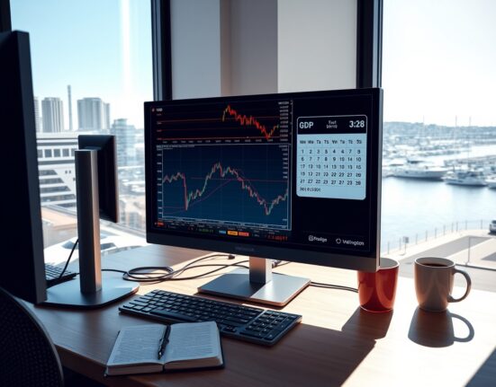 NZD/USD trading analysis with Federal Reserve decision and New Zealand GDP data on financial monitors