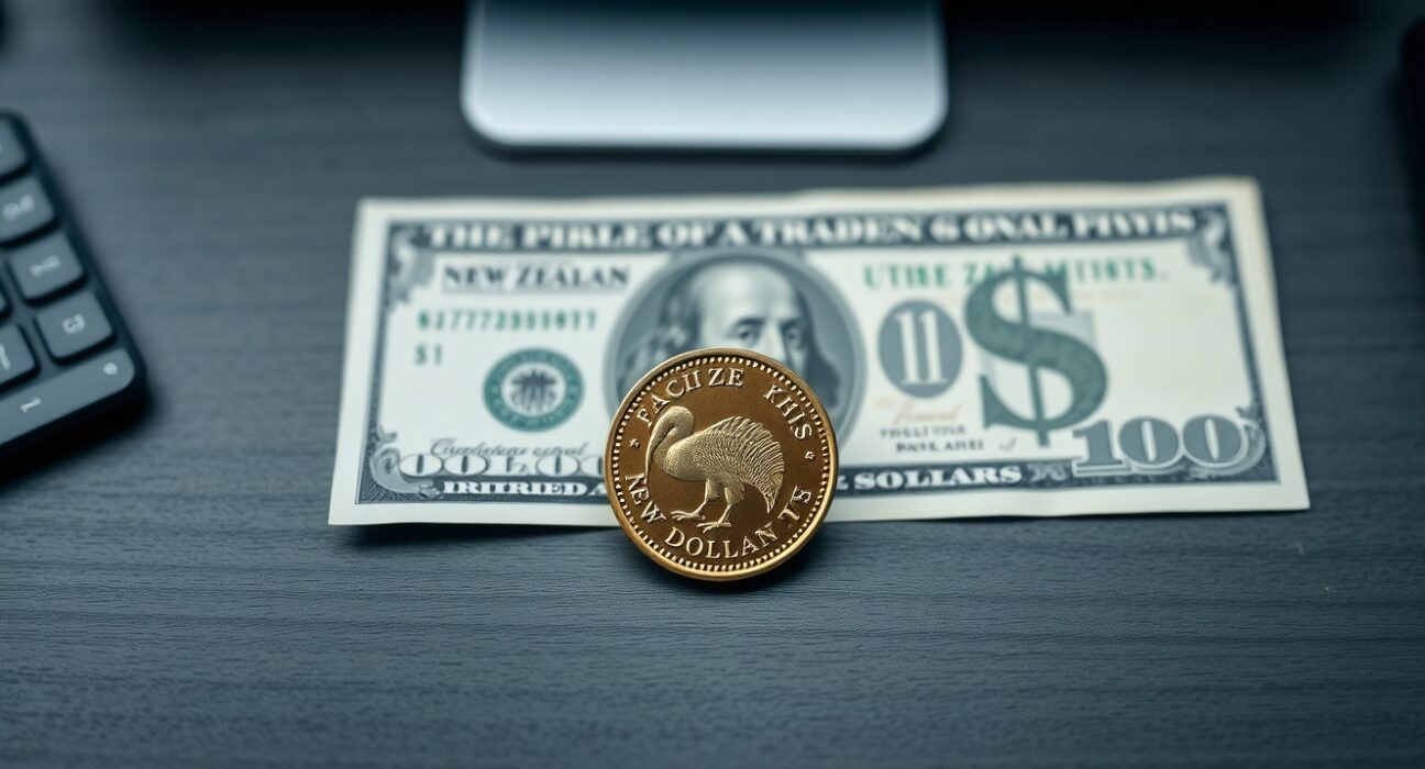 New Zealand Dollar coin and US Dollar bill on a dark desk, representing NZD/USD forex pair weakness.