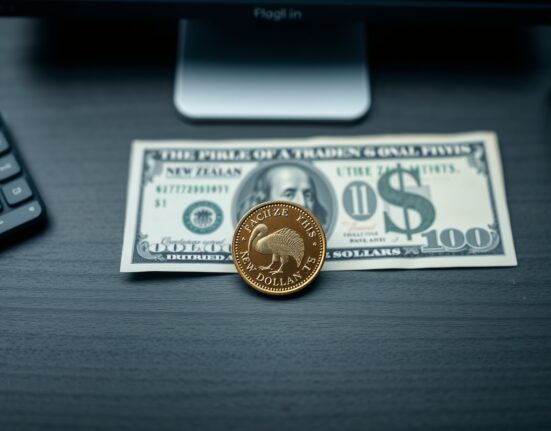 New Zealand Dollar coin and US Dollar bill on a dark desk, representing NZD/USD forex pair weakness.